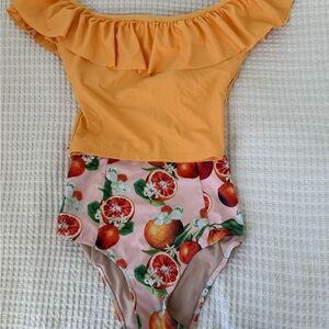 Ruffled Off-Shoulder One-Piece Swimsuit in Peach & Citrus